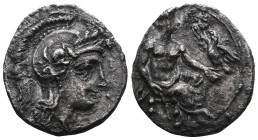 Greek
Cilicia, Uncertain, AR Obol, (Silver), 4th century BC.
Obv: Helmeted head of Athena right.
Rev: Baaltars seated right on throne, holding eagl...