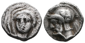 CILICIA, Uncertain mint. Circa 4th century BC. AR Obol . Facing Gorgoneion / Helmeted and draped bust of Athena left. SNG Levante 248 (this coin); SNG...