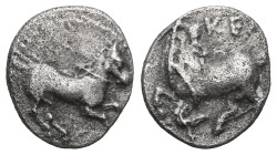Greek
 Cilicia, Kelenderis, AR Obol, (Silver), 3rd century BC.
Obv: Horse rearing right.
Rev: KE, Goat kneeling left, head right.
Ref: Göktürk 8; SNG ...