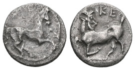 Greek
 Cilicia, Kelenderis, AR Obol, (Silver), 3rd century BC.
Obv: Horse rearing right.
Rev: KE, Goat kneeling left, head right.
Ref: Göktürk 8; SNG ...