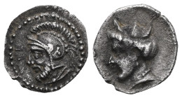 Greek
CILICIA. Tarsos. 4th century BC. Obol (Silver). TE Bearded head of Ares (?) to left, wearing crested Attic helmet. Rev. Female head left, wearin...