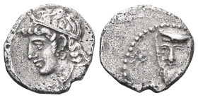 CILICIA, Uncertain. 4th century BC. AR Obol . Draped bust, wearing satrapal headdress, facing slightly left; star to left / Crowned and draped female ...