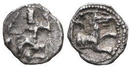 GREEK COINS
LYCAONIA.Laranda.(Circa 324-323 BC).Obol.
Obv : Baaltars seated left, holding grain ear, bunch of grapes, and scepter.
Rev : Forepart of w...
