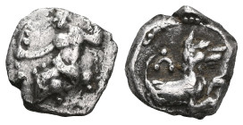 GREEK COINS
LYCAONIA.Laranda.(Circa 324-323 BC).Obol.
Obv : Baaltars seated left, holding grain ear, bunch of grapes, and scepter.
Rev : Forepart of w...