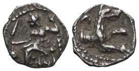 GREEK COINS
LYCAONIA.Laranda.(Circa 324-323 BC).Obol.
Obv : Baaltars seated left, holding grain ear, bunch of grapes, and scepter.
Rev : Forepart of w...