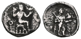 Greek
Cilicia, Tarsos AR Obol (Silver). Tiribazos, Satrap of Lydia, 388-380 BC.
Obv: Baal of Tarsos seated right, holding eagle and resting on scept...