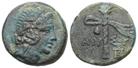 Greek
Pontos. Amisos.
Bronze. Circa 85 - 65 B.C. BC
Obverse: Head of Dionysus with ivy wreath on the right.
Rev: Thyrsos.
HGC 7, 251; SNG BM 1192.


W...