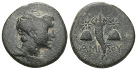 Greek
Pontos. Amisos. Time of Mithradates VI Eupator circa 120-100 BC. Bronze Æ . Winged and draped bust of Perseus right / AMI-ΣOY, cornucopia, piloi...