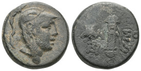 Greek
Pontos, Amisos,AE, (Bronze), Time of Mithradates VI, Circa 111-105 or 95-90 BC.
Obv: Helmeted head of Ares right.
Rev: AMI – ΣOY, Sword in sheat...