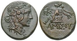 Greek
Pontos, Amisos, AE, (Bronze), Time of Mithradates VI Eupator, Circa 105-90 or 90-85 BC.
Obv: Head of Dionysos right, wearing ivy wreath.
Rev: AM...