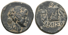 Greek
Pontos, Amisos, AE, (Bronze), Time of Mithradates VI Eupator, Circa 105-90 or 90-85 BC.
Obv: Head of Dionysos right, wearing ivy wreath.
Rev: AM...
