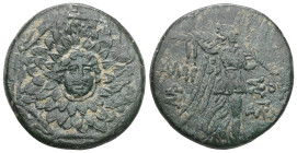 Greek
Pontos, Amisos AE . civic issue under Mithradates VI. 120-63 B.C.
Obv: Gorgonion at center of aegis on octagonal shield
Rev: AMI-ΣOY, ethnic acr...