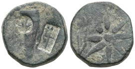 Greek
Pontos, Uncertain (possibly Amisos) AE (130-100 BC).
Obv: Quiver; c/m: helmet within incuse circle.
Rev: Eight-pointed star; bow below.
Ref: SNG...