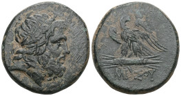 Greek
Pontos. Amisos. Time of Mithradates VI Eupator 120-63 BC.
Bronze Æ
Laureate head of Zeus right / AMIΣOY, eagle standing left on thunderbolt, hea...