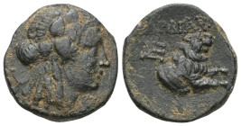 Greek
Lydia. Sardeis 133 BC-14 AD. Bronze Æ . Wreathed head of Dionysos right / Forepart of lion right, monogram to left. very fine SNG Cop. 468; BMC ...