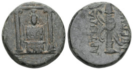 Greek
Pamphylia, Perge, AE (Bronze) ca 50-30 BC
Obv: Distyle temple containing facing statue of Artemis Pergaia.
Rev: APTEMIΔOΣ / ΠEPΓAIAΣ, Quiver.
Re...