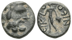Greek
 Lycaonia, Iconium AE15 , 1st c BC
Obv: Laureate head of Zeus right
Rev: ΕΙΚΟΝΙΕΩΝ Perseus standing left, harpa in raised right hand and head of...