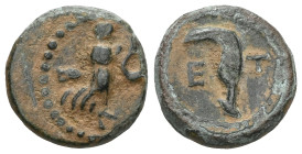 Greek
Pisidia, Etenna, AE, (Bronze), Circa 1st Century BC.
Obv: Nymph advancing right, holding serpent.
Rev: E-T, Sickle-shaped knife.
Ref: SNG von Au...