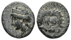 Greek
Ionia. Samos 394-365 BC.
Bronze Æ
Head of Hera left, wearing stephane, necklace, and earring / Facing lion's head; Σ-Α below.
BMC Ionia pg. 364,...