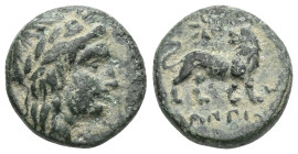 Greek
Ionia. Miletos circa 190 BC. ΧΑΡΙΔΗΜΟΣ (Charidemos), magistrate Bronze Æ . Laureate head of Apollo right, within dotted border / Lion advancing ...