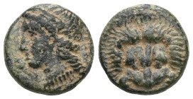Greek
Ionia. Samos 394-365 BC.
Bronze Æ
Head of Hera left, wearing stephane, necklace, and earring / Facing lion's head; Σ-Α below.
BMC Ionia pg. 364,...
