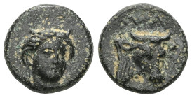 Greek
AEOLIS. Larissa Phrikonis. 4th century BC. Chalkous (Bronze). Horned female head (Io?) facing slightly to right. Rev. ΛΑ Head of a bull facing t...