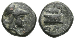 Greek
Kings of Macedon, uncertain minst, Demetrios Poliorketes (306-283 BC) AE .
Obv: Head of Demetrios right wearing Corinthian helmet
Rev: BA over p...