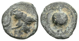 Greek
Pamphylia. Side circa 200-27 BC.
Bronze Æ
Helmeted head of Athena right / Pomegranate.
SNG BnF 770; SNG Copenhagen 381-3.


Weight:1,2 gr
Diamet...