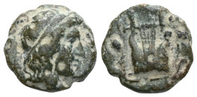 Greek
Macedon. Chalkidian League. Olynthos circa 432-348 BC. Bronze Æ. Laureate head of Apollo right / XAΛKIΔEΩN around lyre. very fine SNG ANS 552-55...
