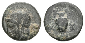 GREEK
AEOLIS. Myrina. Ae, (Circa 5th-3rd centuries BC). Obv: Helmeted head of Athena left. Rev: MY . Amphora.


Weight:1 gr
Diameter:10,2 mm