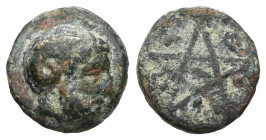 Greek
MYSIA. Pitane. 4th-3rd centuries. Chalkous (Bronze). Head of Zeus-Ammon to right. Rev. Π-Ι-Τ-Α-Ν within the angles of a pentagram with central p...