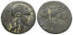 Greek
Mysia. Pergamon.
Bronze. 2nd century BC.
Obverse: Head of Athena with Attic helmet, star on top, right.
Reverse: Owl with open wings standing en...