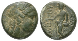 Greek
SELEUKID KINGS of SYRIA. Antiochos III ‘the Great’. 222-187 BC. Ae . Sardes mint. Laureate head of Apollo right. Rev. Apollo standing left, hold...