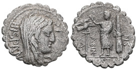 Coins Roman Republic A. Postumius Albinus, denarius , 81 BC, Rome. Av: veiled head of Hispania to the right, behind "HISPAN". Rev: standing Togatus, l...