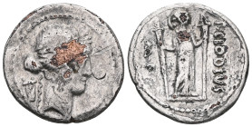 Coins Roman Republic P. Clodius M. f. Turrinus, denarius (3, 69g), 42 BC, Rome. Av: Apollo head to the right, behind lyre. Rev: Diana with sheet and q...