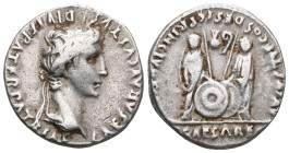 Augustus (27 BC-AD 14). AR denarius. Lugdunum, 2 BC-AD 14. CAESAR AVGVSTVS DIVI F PATER PATRIAE, laureate head of Augustus right / AVGVSTI F COS DESIG...