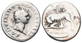 Domitian, as Caesar, AR Denarius.
Domitian, as Caesar, AR Denarius. Rome, AD 77-8. CAESAR AVG F DOMITIANVS, laureate head right / She-wolf suckling tw...