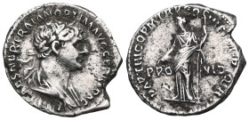 Roman Imperial
Trajan (AD 98-117). AR denarius . NGC Choice VF. Rome, AD 114-117. IMP CAES NER TRAIANO OPTIMO AVG GER DAC, laureate, draped bust of Tr...
