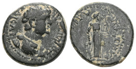 Lydia. Philadelphia. Domitian AD 81-96.
Bronze Æ
ΔΟΜΙΤΙΑN KAICAP. Draped and cuirassed bust right. / ΦΛΑ ΦΙΛΑΔΕΛΦΕΩΝ. Apollo standing right, holding l...