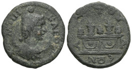 CARIA. Attuda. Pseudo-autonomous (3rd century). Ae.
Obv: MHN KAPOV.
Draped bust of Mên right, wearing phrygian cap and set upon crescent.
Rev: ATTOVΔЄ...