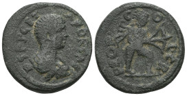 Septimius Severus, 193-211 for Geta. Æs, Kremna (Pisidia). Draped bust right//Apollo Propylaeus walks right with bow and arrow. SNG France 3, 1503 ff....