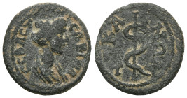 Roman Provincial
Lydia. Hyrkaneis. Sabina. Augusta AD 128-137.
Bronze Æ
ϹΑΒΙΝΑ ϹΕΒΑϹΤ, draped bust of Sabina, right / [Υ]PΚΑ-ΝΩΝ, serpent-staff.
very ...
