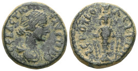 ROMAN PROVINCIAL
PHRYGIE, ANKYRA, Faustine la Jeune, femme de Marc Aurèle, AE bronze. D/ ΦAVCTINA- CEBACTH B. dr. à d. R/ ANKV-PANΩN Statue cultuelle ...