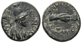 PHRYGIA
AMORION. Autonomous. Under Vespasian, bronze by L. Antonios Longinos, 69-79. EPI L AN-TWNIOU LO Drap. Bust of Athena facing right with helmet....