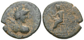 Lycaonia, Iconium, AE (Bronze), mag. Menedem- Timotheos.
Obv: Bust of Perseus right, wearing winged helmet and with harpa and head of Medusa over shou...
