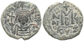 Byzantine
Maurice Tiberius. 582-602. Follis , Cyzicus. Crowned and curiassed facing bust, holding globus cruciger and shield. Rev. Large M between A/N...