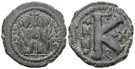 Byzantine
Justin II and Sophia, AE, Half Follis. (Bronze) Theoupolis (Antioch). 565-578 AD.
Obv: Justin II and Sophia nimbate and seated on lyre-backe...