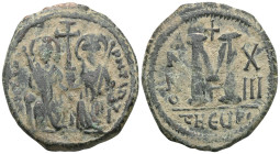 Byzantine
Justin II with Sophia (565-578) AE Follis (Bronze) Theoupolis
Obv: Obverse: Justin on left and Sophia on right, seated facing on double thro...