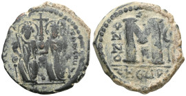 Byzantine
Justin II with Sophia (565-578) AE Follis (Bronze) Theoupolis
Obv: Obverse: Justin on left and Sophia on right, seated facing on double thro...