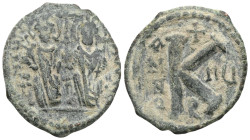 Byzantine
 Justin II and Sophia, AE, Half Follis. (Bronze) Theoupolis (Antioch). 565-578 AD.
Obv: Justin II and Sophia nimbate and seated on lyre-back...